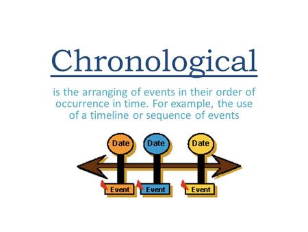 Chronological is the arranging of events in their order of occurrence in time. For example, the use of a timeline or sequence of events.