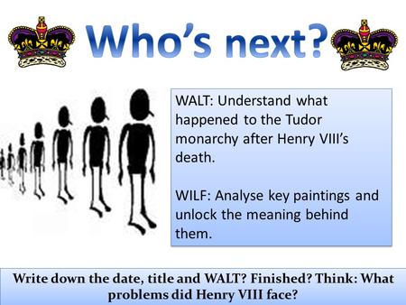 WALT: Understand what happened to the Tudor monarchy after Henry VIII’s death. WILF: Analyse key paintings and unlock the meaning behind them. WALT: Understand.