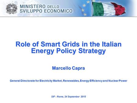 Role of Smart Grids in the Italian Energy Policy Strategy Marcello Capra General Directorate for Electricity Market, Renewables, Energy Efficiency and.