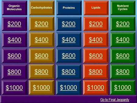 $600 $400 $200 $600 $200 $400 $200 $400 $600 $200 $400 $600 $200 $800 $1000 $800 $1000 $800 $1000 $800 $1000 $800 $1000 $400 $600 Organic Molecules Proteins.