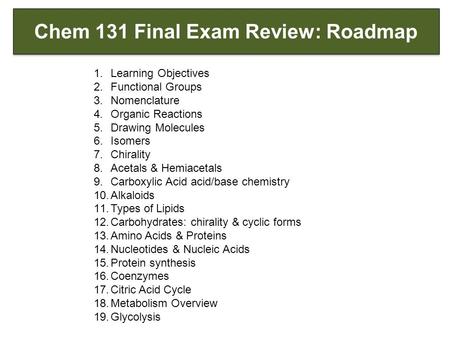 Chem 131 Final Exam Review: Roadmap 1.Learning Objectives 2.Functional Groups 3.Nomenclature 4.Organic Reactions 5.Drawing Molecules 6.Isomers 7.Chirality.