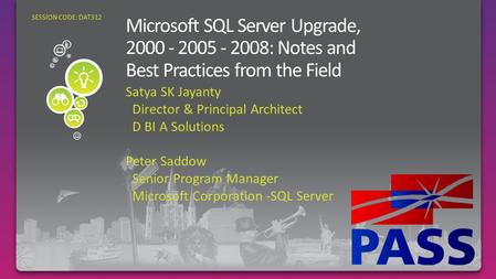 Satya SK Jayanty Director & Principal Architect D BI A Solutions Peter Saddow Senior Program Manager Microsoft Corporation -SQL Server SESSION CODE: DAT312.