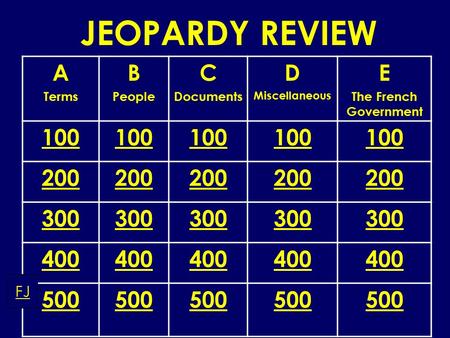 JEOPARDY REVIEW A Terms B People C Documents D Miscellaneous E The French Government 100 200 300 400 500 FJ.