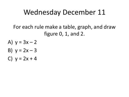 For each rule make a table, graph, and draw figure 0, 1, and 2.