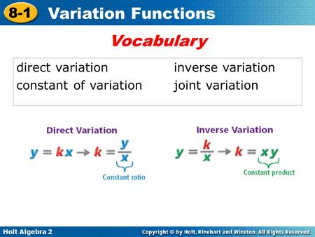 Holt Algebra 2 8-1 Variation Functions direct variationinverse variation constant of variationjoint variation Vocabulary.