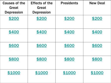 Causes of the Great Depression Effects of the Great Depression PresidentsNew Deal $200 $400 $600 $800 $1000.