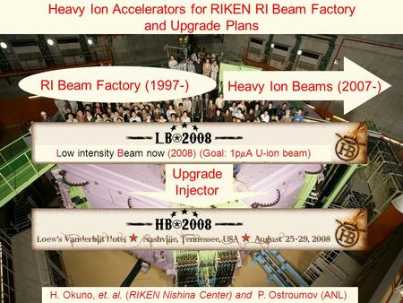 Heavy Ion Accelerators for RIKEN RI Beam Factory and Upgrade Plans H. Okuno, et. al. (RIKEN Nishina Center) and P. Ostroumov (ANL) Upgrade Injector Low.