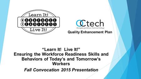 “Learn It! Live It!” Ensuring the Workforce Readiness Skills and Behaviors of Today’s and Tomorrow’s Workers Fall Convocation 2015 Presentation Quality.