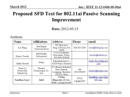 Submission doc.: IEEE 11-12-0406-00-00ai March 2012 InterDigital, KDDI, Nokia, Huawei, IntelSlide 1 Proposed SFD Text for 802.11ai Passive Scanning Improvement.