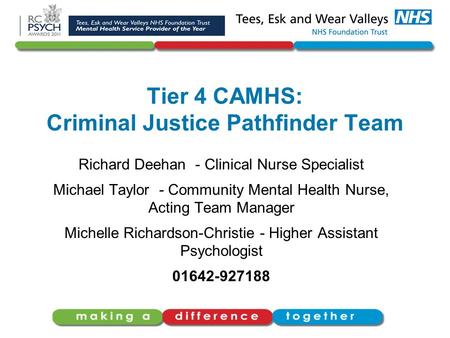Tier 4 CAMHS: Criminal Justice Pathfinder Team Richard Deehan - Clinical Nurse Specialist Michael Taylor - Community Mental Health Nurse, Acting Team Manager.