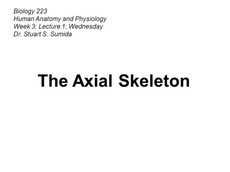 Biology 223 Human Anatomy and Physiology Week 3; Lecture 1; Wednesday Dr. Stuart S. Sumida The Axial Skeleton.