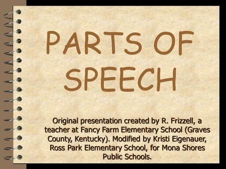 PARTS OF SPEECH Original presentation created by R. Frizzell, a teacher at Fancy Farm Elementary School (Graves County, Kentucky). Modified by Kristi.