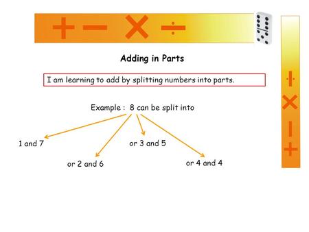 Adding in Parts I am learning to add by splitting numbers into parts. Example : 8 can be split into or 2 and 6 or 3 and 5 or 4 and 4 1 and 7.