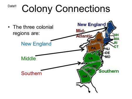 Colony Connections The three colonial regions are: New England Middle