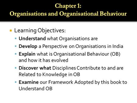  Learning Objectives:  Understand what Organisations are  Develop a Perspective on Organisations in India  Explain what is Organisational Behaviour.