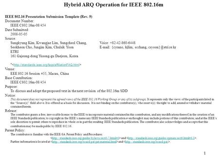 1 Hybrid ARQ Operation for IEEE 802.16m IEEE 802.16 Presentation Submission Template (Rev. 9) Document Number: IEEE C802.16m-08/454 Date Submitted: 2008-05-05.