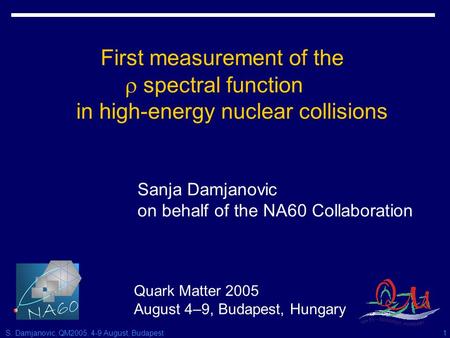 S. Damjanovic, QM2005, 4-9 August, Budapest1 First measurement of the  spectral function in high-energy nuclear collisions Sanja Damjanovic on behalf.