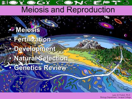 Larry M. Frolich, Ph.D. Biology Department, Yavapai College Meiosis and Reproduction Meiosis Meiosis FertilizationFertilization DevelopmentDevelopment.