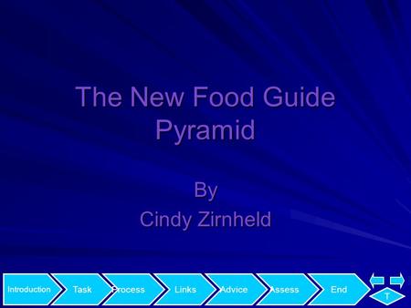 Introduction TaskProcessLinksAdviceAssessEnd T The New Food Guide Pyramid By Cindy Zirnheld.