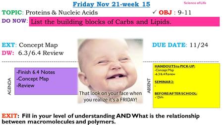 Friday Nov 21-week 15 TOPIC : Proteins & Nucleic Acids  OBJ : 9-11 DO NOW : EXT : Concept Map DUE DATE : 11/24 DW: 6.3/6.4 Review ----------------------------------------------------------------------------------------------------------------