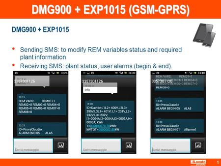 1 DMG900 + EXP1015 (GSM-GPRS) DMG900 + EXP1015 Sending SMS: to modify REM variables status and required plant information Receiving SMS: plant status,