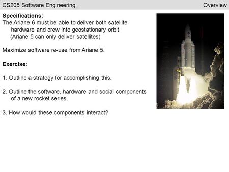 CS205 Software Engineering_Overview Specifications: The Ariane 6 must be able to deliver both satellite hardware and crew into geostationary orbit. (Ariane.