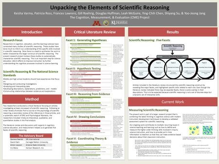Unpacking the Elements of Scientific Reasoning Keisha Varma, Patricia Ross, Frances Lawrenz, Gill Roehrig, Douglas Huffman, Leah McGuire, Ying-Chih Chen,