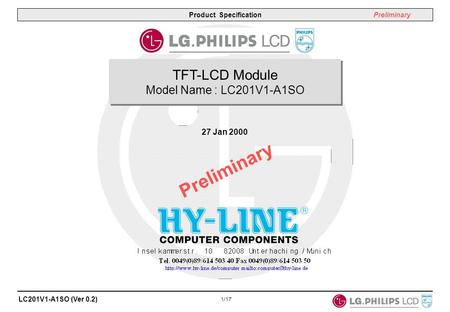 TFT-LCD Module Model Name : LC201V1-A1SO 27 Jan 2000 Preliminary.
