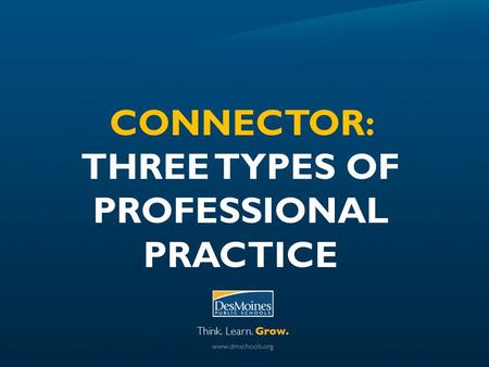 CONNECTOR: THREE TYPES OF PROFESSIONAL PRACTICE. CONNECTOR Outcome: Develop YOUR OWN understanding of the Instructional Framework Elements and begin to.