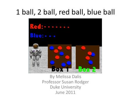 1 ball, 2 ball, red ball, blue ball By Melissa Dalis Professor Susan Rodger Duke University June 2011.