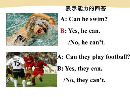 A: Can he swim? B: Yes, he can. /No, he can’t. A: Can they play football? B: Yes, they can. /No, they can’t. 表示能力的回答.