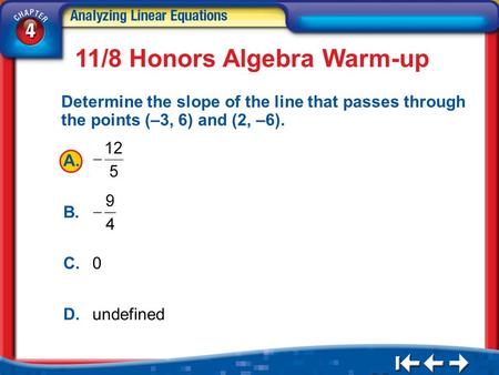 1.A 2.B 3.C 4.D 5Min 2-3 Determine the slope of the line that passes through the points (–3, 6) and (2, –6). 11/8 Honors Algebra Warm-up A. B. C.0 D.undefined.
