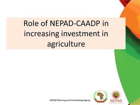 Role of NEPAD-CAADP in increasing investment in agriculture NEPAD Planning and Coordinating Agency.