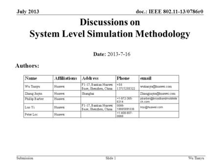 Doc.: IEEE 802.11-13/0786r0 Submission July 2013 Wu TianyuSlide 1 Discussions on System Level Simulation Methodology Date: 2013-7-16 Authors: