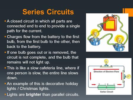 Series Circuits A closed circuit in which all parts are connected end to end to provide a single path for the current. Charges flow from the battery to.