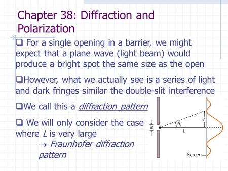 Chapter 38: Diffraction and Polarization  For a single opening in a barrier, we might expect that a plane wave (light beam) would produce a bright spot.