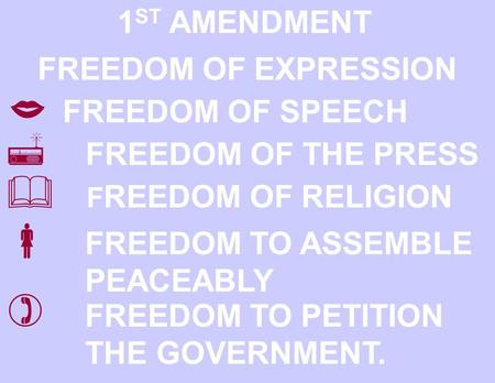 1 ST AMENDMENT FREEDOM OF EXPRESSION  FREEDOM OF SPEECH  FREEDOM OF THE PRESS  F REEDOM OF RELIGION  FREEDOM TO ASSEMBLE PEACEABLY ) FREEDOM TO PETITION.
