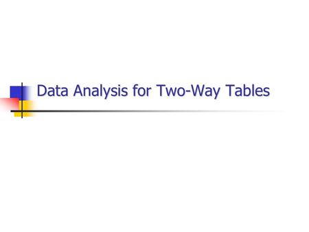 Data Analysis for Two-Way Tables. The Basics Two-way table of counts Organizes data about 2 categorical variables Row variables run across the table Column.