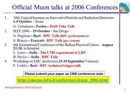 Pierluigi Paolucci - INFN of Napoli 1 Official Muon talks at 2006 Conferences 1.10th Topical Seminar on Innovative Particle and Radiation Detectors – 1-5.