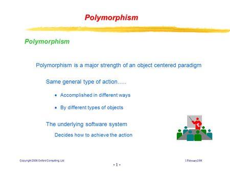 Copyright 2006 Oxford Consulting, Ltd1 February2006 - 1 - Polymorphism Polymorphism Polymorphism is a major strength of an object centered paradigm Same.