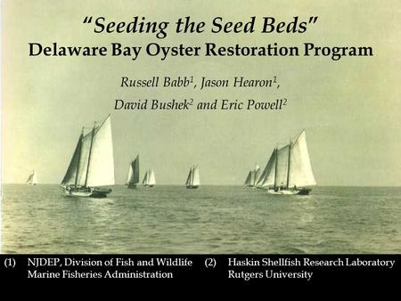 (2) Haskin Shellfish Research Laboratory Rutgers University “ Seeding the Seed Beds ” Delaware Bay Oyster Restoration Program Russell Babb 1, Jason Hearon.