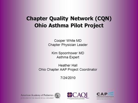 Chapter Quality Network (CQN) Ohio Asthma Pilot Project Cooper White MD Chapter Physician Leader Kim Spoonhower MD Asthma Expert Heather Hall Ohio Chapter.