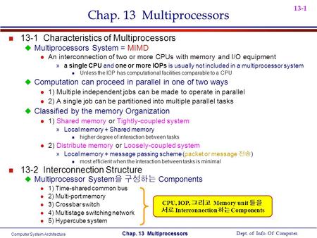 Computer System Architecture Dept. of Info. Of Computer. Chap. 13 Multiprocessors 13-1 Chap. 13 Multiprocessors n 13-1 Characteristics of Multiprocessors.