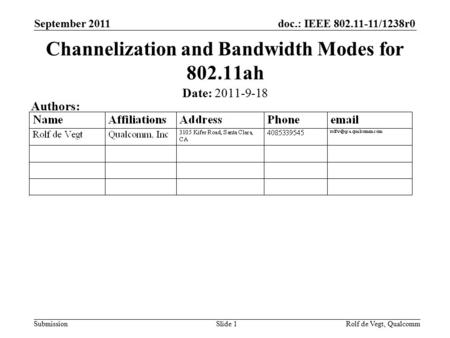 Doc.: IEEE 802.11-11/1238r0 Submission September 2011 Rolf de Vegt, QualcommSlide 1 Channelization and Bandwidth Modes for 802.11ah Date: 2011-9-18 Authors: