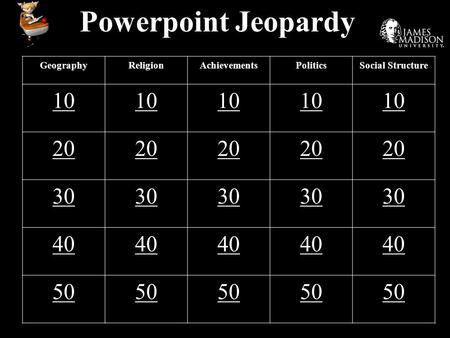 Powerpoint Jeopardy GeographyReligionAchievementsPoliticsSocial Structure 10 20 30 40 50.