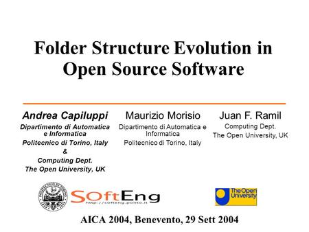 Andrea Capiluppi Dipartimento di Automatica e Informatica Politecnico di Torino, Italy & Computing Dept. The Open University, UK AICA 2004, Benevento,