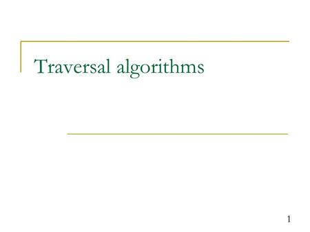 1 Traversal algorithms. 2 Array traversal traversal: An examination of each element of an array. Traversal algorithms often takes the following form: