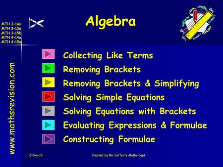 MTH 3-14a MTH 3-15a MTH 3-15b MTH 4-14a MTH 4-15a 16-Nov-15Created by Mr. Lafferty Maths Dept. Algebra Collecting Like Terms Removing Brackets www.mathsrevision.com.