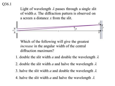 Light of wavelength passes through a single slit of width a. The diffraction pattern is observed on a screen a distance x from the slit. Q36.1 1. double.
