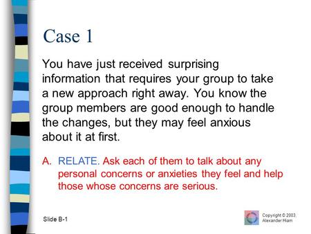 Slide B-1 Case 1 You have just received surprising information that requires your group to take a new approach right away. You know the group members are.